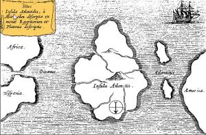 Peta Atlantis, di tengah-tengah Samudera Atlantik. Dari Mundus Subterraneus 1669, yang diterbitkan di Amsterdam. Perhatikan peta ini berorientasi dengan selatan di bagian atas.